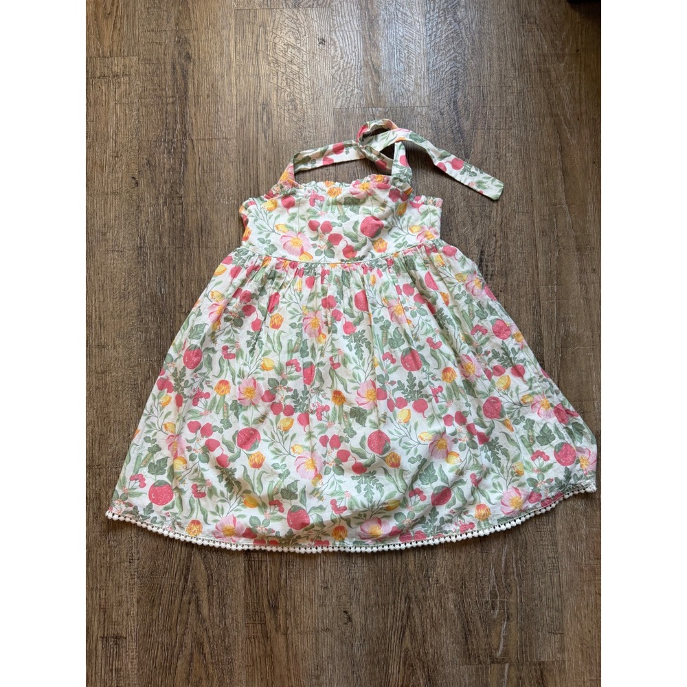 Sigrid Olsen Kids Floral Strawberry Halter Dress Size 7 Pink Green Pom Pom Trim
